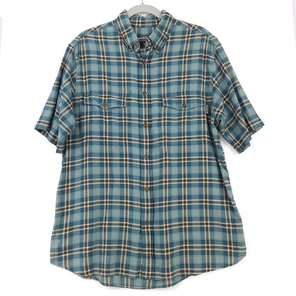 Woolrich Shirt Men's Medium Blue Plaid Button Down Short Sleeve 100% Cotton - Picture 1 of 11